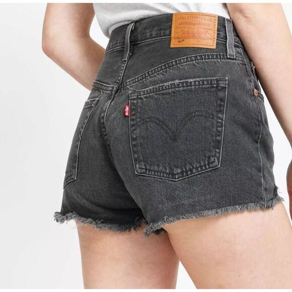 Levis 501 Denim Jean Shorts 31 Charcoal‎ Gray High Rise Cutoff Button Fly - Picture 1 of 14